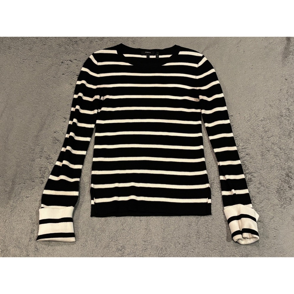 Theory Striped Crewneck Pullover Sweater Black White Ribbed Knit H1116704 Small